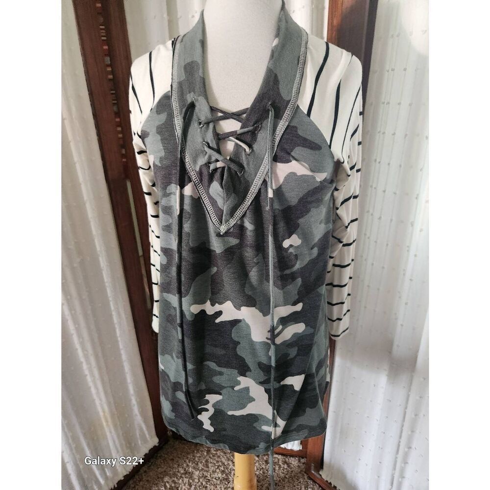 f4 7th Ray green Camo and stripe Knit top w lace up neck tie